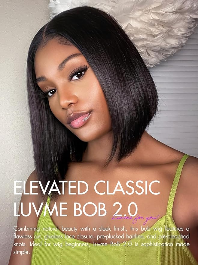LUVME Ready to Go Bob Wig, Natural Black, Glueless, 100% Unprocessed Virgin Human Hair, Medium Size, 22-22.5 Inches