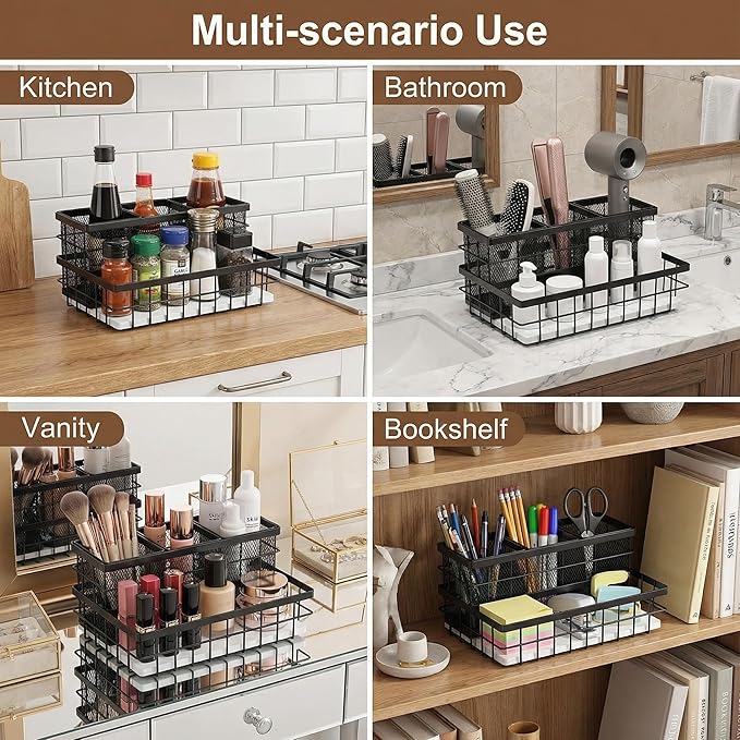 2 Pcs Hair Tool Organizer Countertop Breathable Metal & Bamboo Hot Tools Organizer Under Sink Bathroom Hair Dryer Holder Countertop Brush Comb Holder,makeup tray (White Bamboo,Black)
