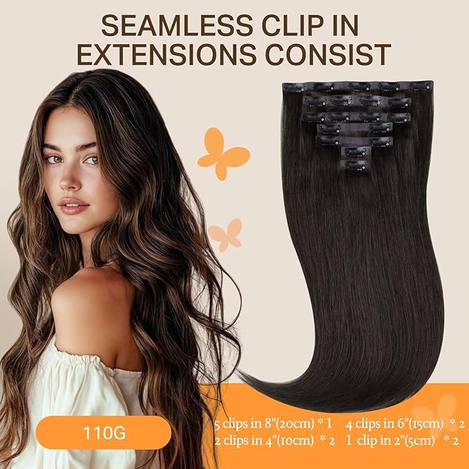 DOORES Seamless Clip-in Real Human Hair Extensions, Mocha Brown 7pcs 110g 18 Inch, Straight Hair with Invisi Edge