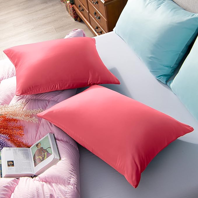 NTBAY Zippered Satin Pillow Cases for Hair and Skin, Luxury King Hidden Zipper Pillowcases Set of 2, 20x36 Inches, Coral Pink