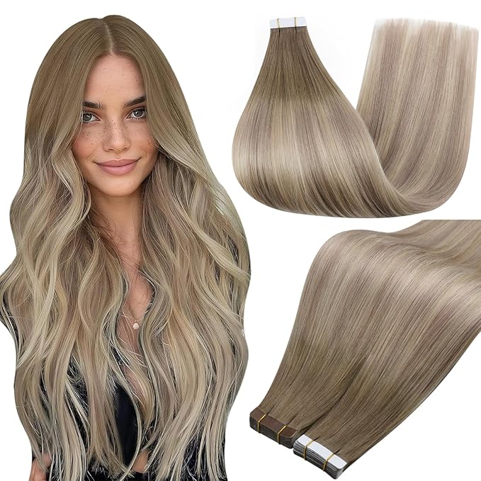 Full Shine Blonde Tape in Hair Extensions Human Hair Color 8 Ash Brown Ombre 60 Blonde And 18 Straight Tape ins Human Hair Extensions 14Inch 50Gram Seamless Invisible Skin Weft 20Pcs for Party
