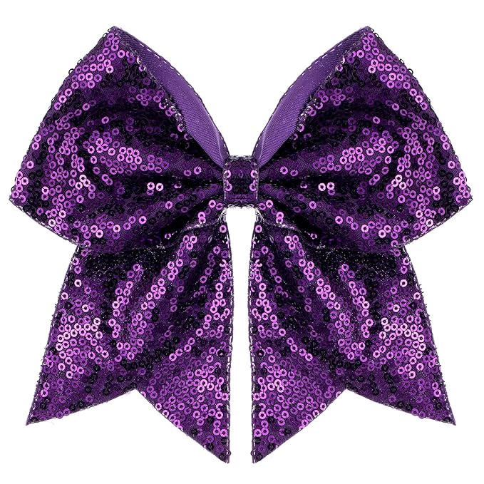 Large Glitter Cheer Bows Clips, Jumbo Big 7 Inch Cheerleading Sequin Hair Bow Hair Accessories for Teens Girls Football Sports Cheerleader Outfit Uniform (Dark Purple)