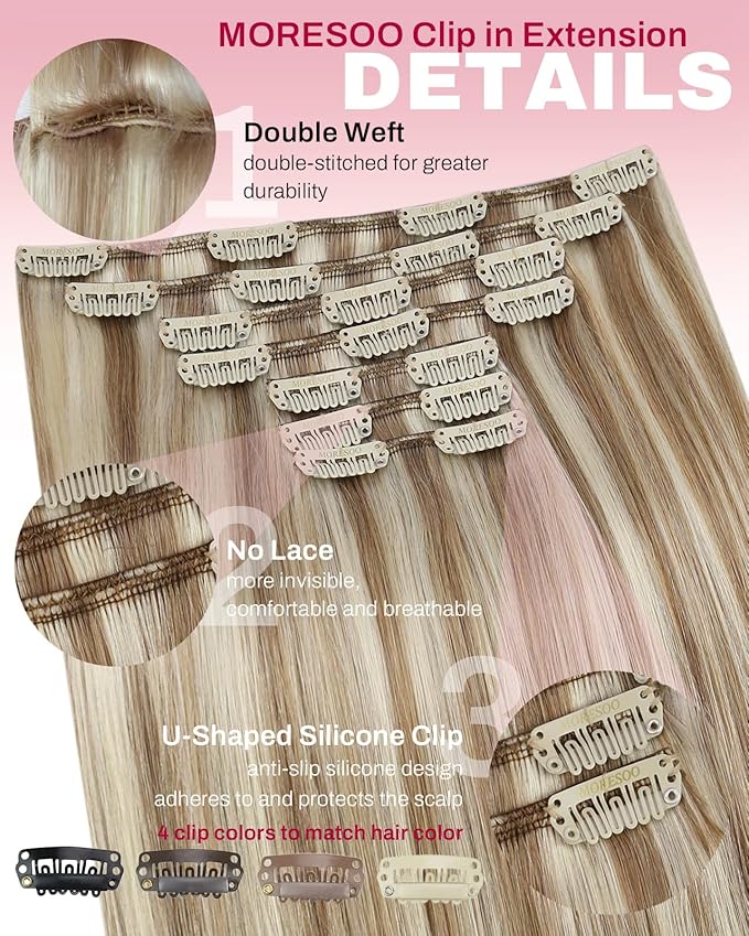 Moresoo Clip in Hair Extensions Remy Double Weft Human Hair Clip in Extensions Straight Hair Extensions for Women Light Brown Highlights with Blonde 7pcs 150g 24inch