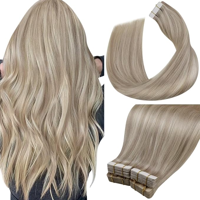 LaaVoo Human Hair Tape in Extensions Ash Blonde Tape in Hair Extensions Human Hair Highlights Blonde with Ash Blondes 00G 40pcs 22Inch