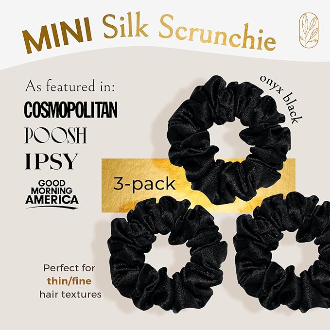 Authentic Mini Mulberry Silk Scrunchies for Women & Kids - Anti Breakage Small Silk Scrunchies for Fine, Curly & Thin Hair - No Dent, No Slip Hair Ties for Buns, Sleep & Ponytail - Onyx Black (3 Pack)