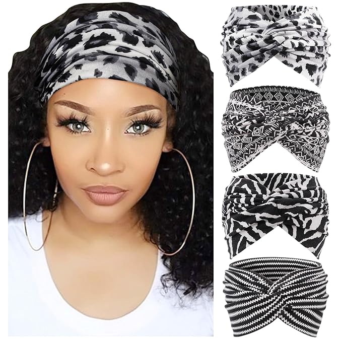 DRESHOW 4 Pack Turban Headbands for Women Wide Vintage Head Wraps Knotted Cute Hair Band Accessories