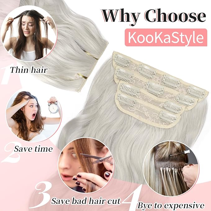 KooKaStyle Clip in Synthetic Hair Extensions Long Wavy 4PCS Thick Hairpieces Silver Grey Blonde Fiber Double Weft Natural Hair Extensions 20 Inch for Women