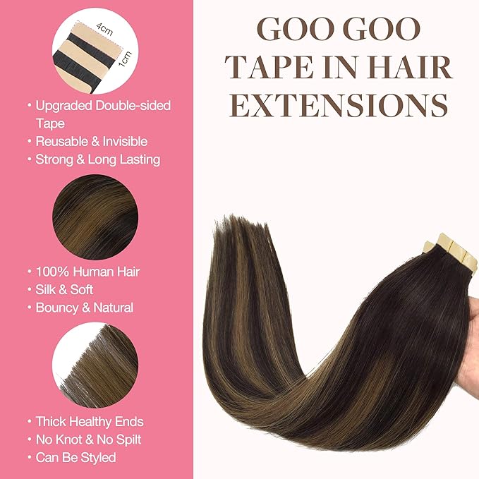 GOO GOO Tape in Hair Extensions Human Hair, 2/6/2 Balayage Dark Brown to Chestnut Brown, 24inch 50g 20pcs, Thick Ends Straight Seamless, Invisible