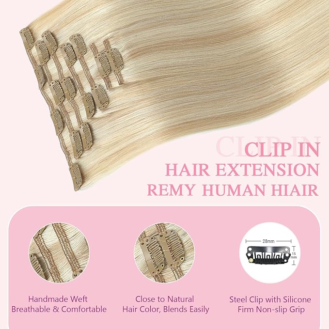 PINKPEARL Clip in Hair Extensions #27P60 Caramel Blonde Highlighted Platinum Blonde 120g 7pcs 18 Inch Clip in Hair Extensions Real Human Hair Hair Extension Clip Ins(#27P60-18)