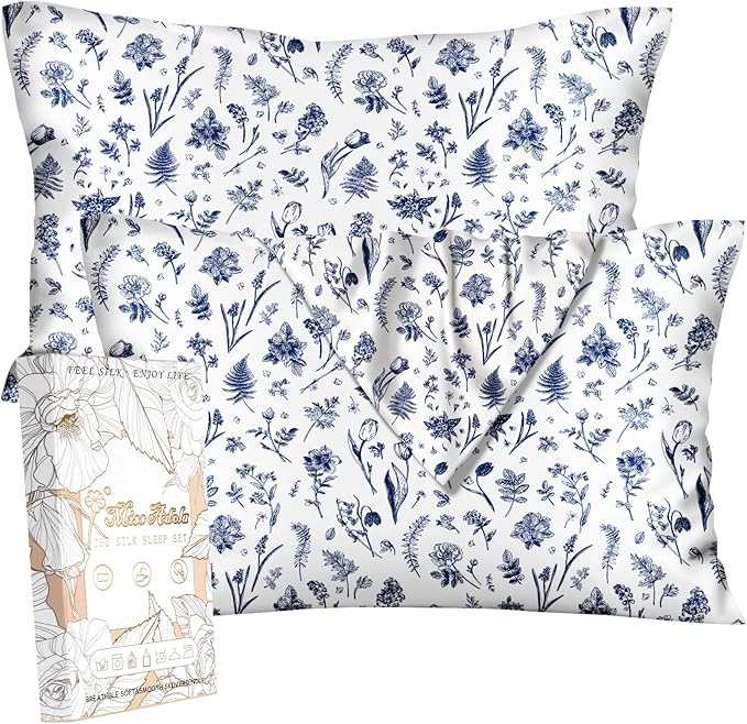2 Pack Mulberry Silk Pillowcase for Hair and Skin - King Size 20 x 36 Inches with Hidden Zipper Blue Line Flower 19 Momme Soft Sleeping Silk Pillow Case for Women, Moms