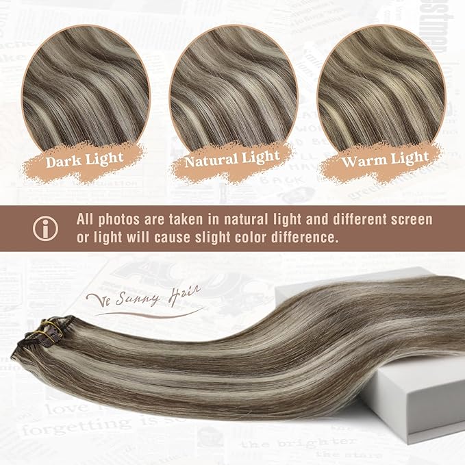 Ve Sunny 24 inch Hair Extensions Clip in Real Human Hair Light Brown Highlight Platinum Blonde Hair Extensions Clip ins Remy Straight Human Hair for Women 7pcs 120g
