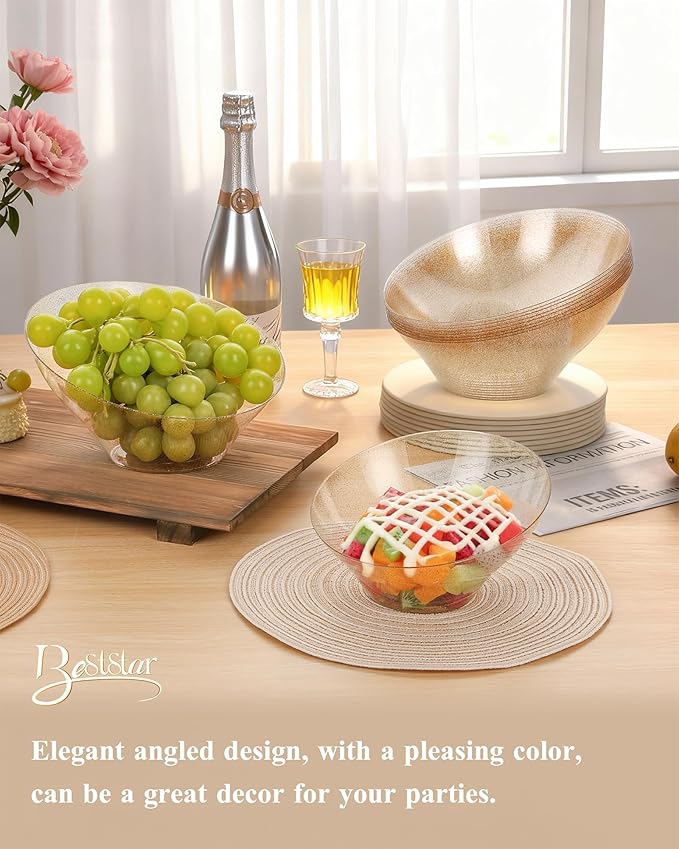 BESTSTAR Clear and Gold Gliter Plastic Serving Bowls 8 Pack 20OZ – Angled Disposable Party Bowls for Chips, Salad, Fruit & Candy – Heavy Duty Clear Serving Bowls for Parties, Buffet, Christmas