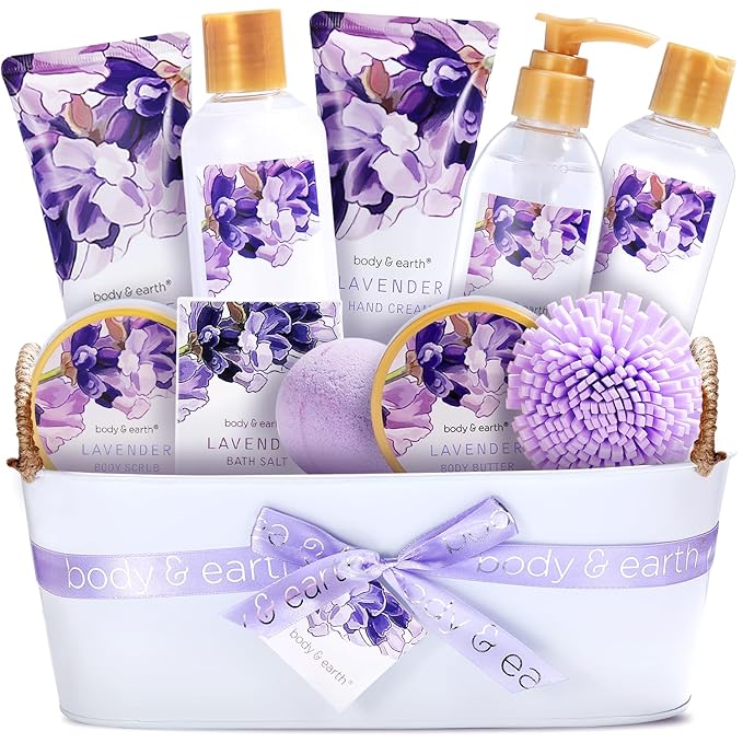 BODY & EARTH Gift Baskets For Women 11 Pcs Lavender Spa Gifts For Her with Bubble Bath Body Lotion Sets, Bath and Body Gifts Set For Her Christmas Gifts for Women Spa Gift Sets
