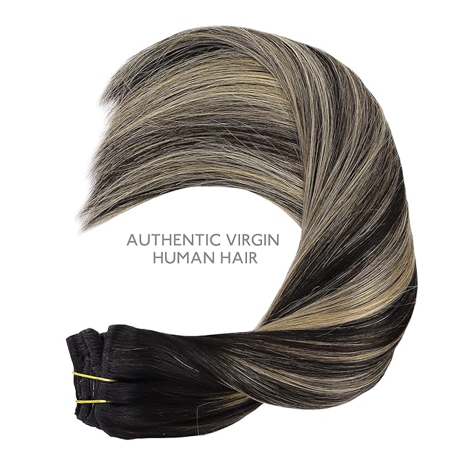 WENNALIFE Clip in Hair Extensions Real Human Hair, 16 Inch 150g 9pcs Balayage Natural Black to Light Blonde Remy Hair Thicker Double Weft Extensiones De Cabello Humano Con Clip Ins Straight Full