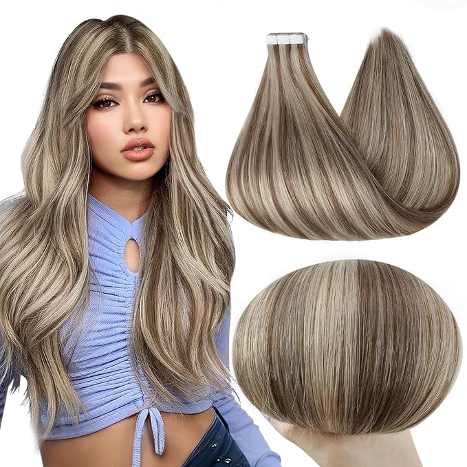 Full Shine Tape in Hair Extensions 18 Inch Ash Brown Highlights Platinum Blonde 8p60 Invisible Tape in Hair Extensions Human Hair Adhesive Remy Seamless Tape Extensions 50G 20Pcs for Wedding