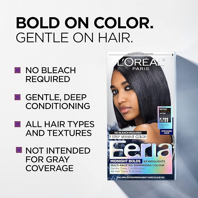 L'Oreal Paris Feria Midnight Bold Multi-Faceted Permanent One-Step Hair Color Kit, No Bleach Required, Twilight Haze
