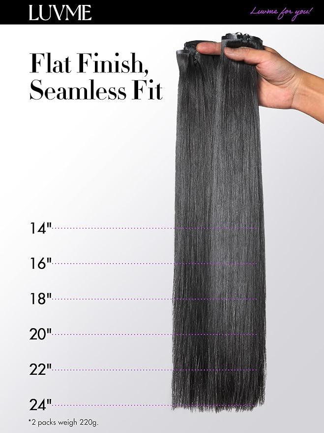 LUVME Silky Straight Seamless 2 Pack 220g 14Pcs Clip in Hair Extensions Full Max with 20inch Remy Human Hair Extensions, Natural Black 100% Real Soft Hair