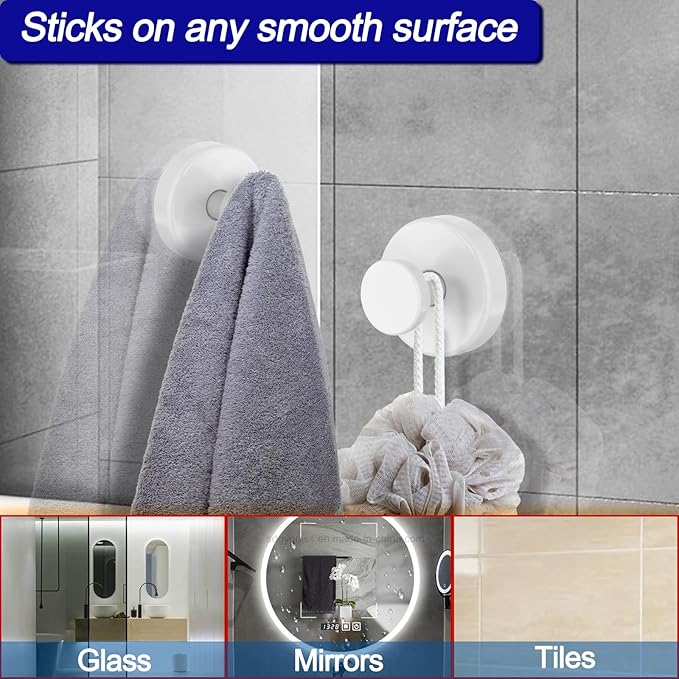 Suction Cup Hooks for Shower, Removable Towel Hooks for Bathroom Window Glass Door Wall, Bath Robe Looafh Hook for Hanging - 4 Pack, White1