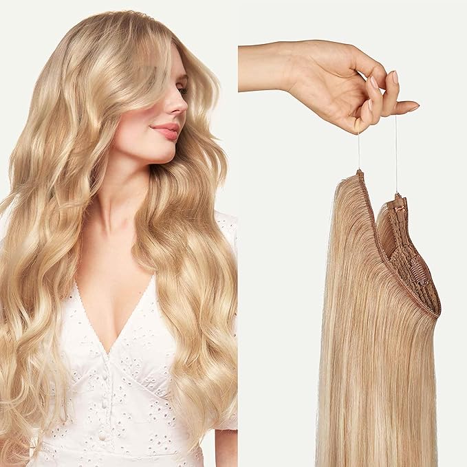 Luxy 100% Remy Human Hair – Halo Clip-In Hair Extensions –Natural Looking Volume & Length - One-Piece - Easy 5-Min Application 140 grams 16" Blonde Balayage Halo