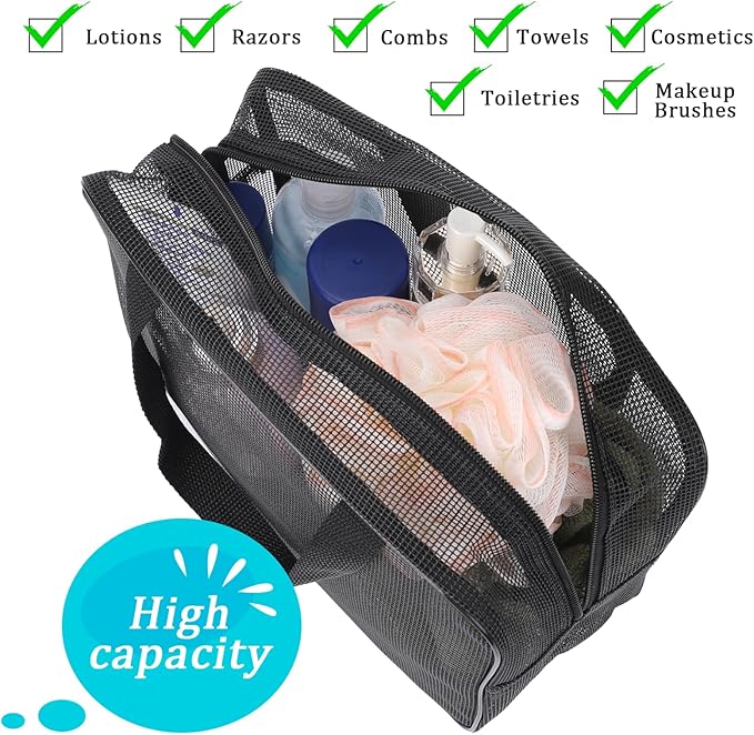 Mozeat Lens Portable Mesh Shower Caddy Bag - Black Dorm Toiletry Organizer Tote Quick-Dry Gym Shower Bag for Travel Camping College Dorm Room Bathroom
