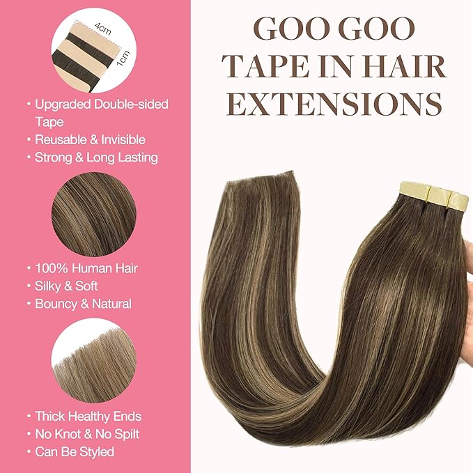 GOO GOO Tape in Hair Extensions Human Hair, 4/27/4 Balayage Chocolate Brown to Caramel Blonde, 12inch 80g 40pcs, Skin Weft Seamless Invisible, Silky Straight with Thick Ends, Remy Human Hair