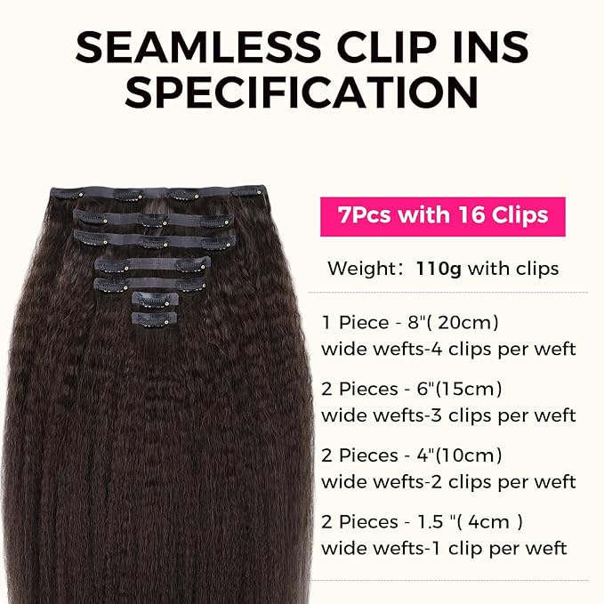Lashey Seamless Clip in Hair Extensions Human Hair #2 Dark Brown Kinky Straight 7 Pcs 110g 14 Inch Soft Flat PU Weft Real Human Hair Clip in for Women