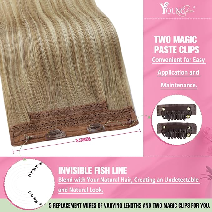YoungSee 120G Wire Hair Extensions Human Hair Brown Blonde Invisible Wire Hair Extensions Real Human Hair Light Brown Mix Platinum Blonde One Piece Hair Extension for Women 18Inch