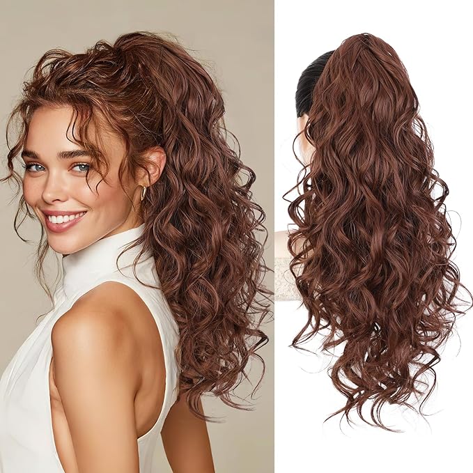 QGZ 20" Wavy Ponytail Extension, Claw Clip Ponytail Hair Extension, Natural Synthetic Hairpiece for Women Daily Use(Auburn)