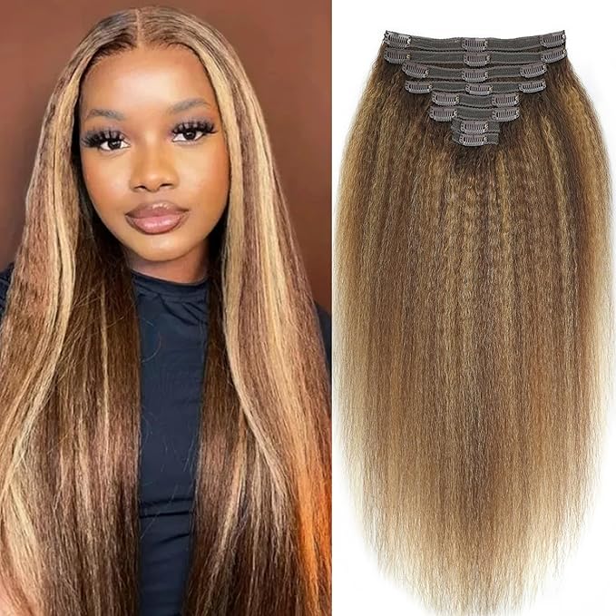Kinky Straight Clip in Hair Extensions Real Human Highlight Clip ins For Women Unprocessed Clip on Hair Extensions(22inch,#4/27/4)