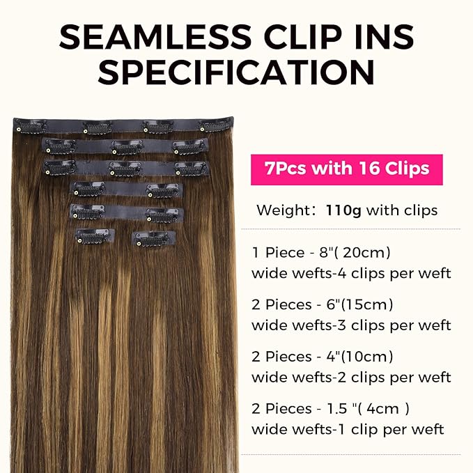 Lashey Seamless Clip in Hair Extensions Human Hair, 18 Inch 110g 7pcs Straight Balayage Chocolate Brown to Honey Blonde with Brown Root Highlight Clip in Hair Extensions for Women