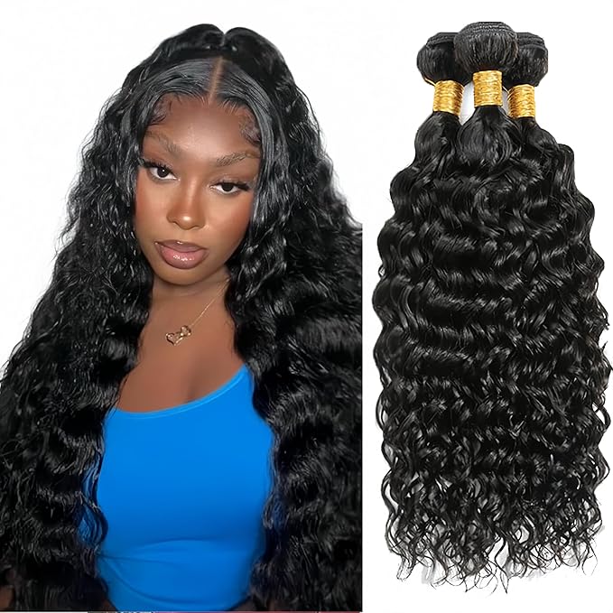 Color 1B Bundles Human Hair Natural Black Water Wave Bundles 20 22 24 Inch Double Weft Color 1B Wet and Wavy Bundle Niegmeag Virgin Soft and Silky Remy Hair Extensions
