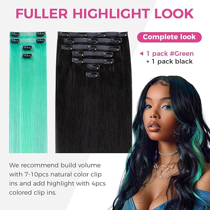 Lashey Green Hair Extensions Real Human Hair 58g 4pcs Straight Seamless Clip in Hair Extensions Human Hair for Black Girls 24 Inch Highlight Colored Clip ins