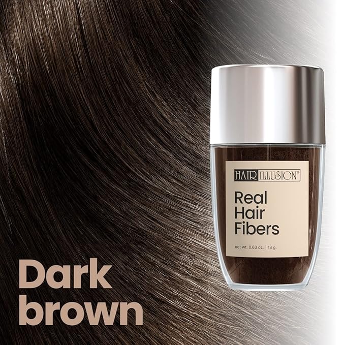 Hair Illusion Dark Brown Real Hair Fibers for Thinning Hair - 100% Natural Texture, Non Synthetic Hair Fibers - Bald Spot Cover Up for Women & Men - 18 Gram