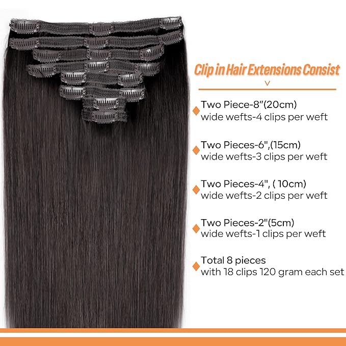 Straight Clip In Hair Extensions Real Human Hair 8Pcs Clip In Dark Brown Human Hair Extensions with 18Clips Lace Weft 120g 24inch