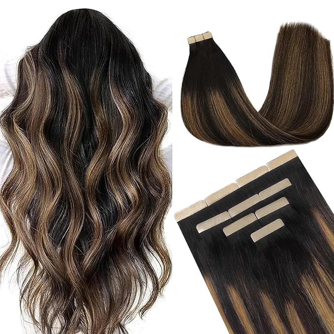 DOORES Tape in Hair Extensions, Balayage Natural Black to Chestnut Brown, 16 Inch Straight, 100% Remy Human Hair