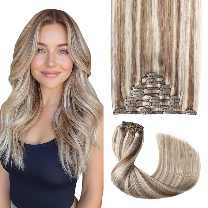 Pro2.0 Remy Real Human Hair Extensions Clip ins 120g Thick 7pcs Color #8p60 Brown Highlights Platinum Blonde Remy Clip in Hair Extensions Real Human Hair 16inch Double Weft（#8p60-16inch）