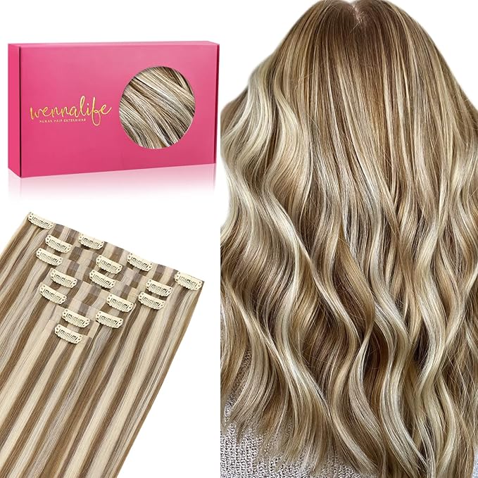 WENNALIFE Seamless Clip In Hair Extensions, 16 Inch 7pcs 130g Ash Brown with Platinum Blonde Highlights Hair Extensions Clip In Real Human Hair Extensions Invisible PU Weft Hair