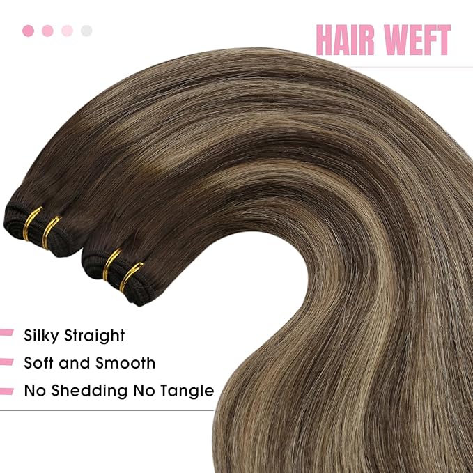 YoungSee Weft Hair Extensions Balayage Sew in Hair Extensions Dark Brown Ombre Caramel Blonde Mix Brown Human Hair Weft Extensions for Women 16Inch 100G