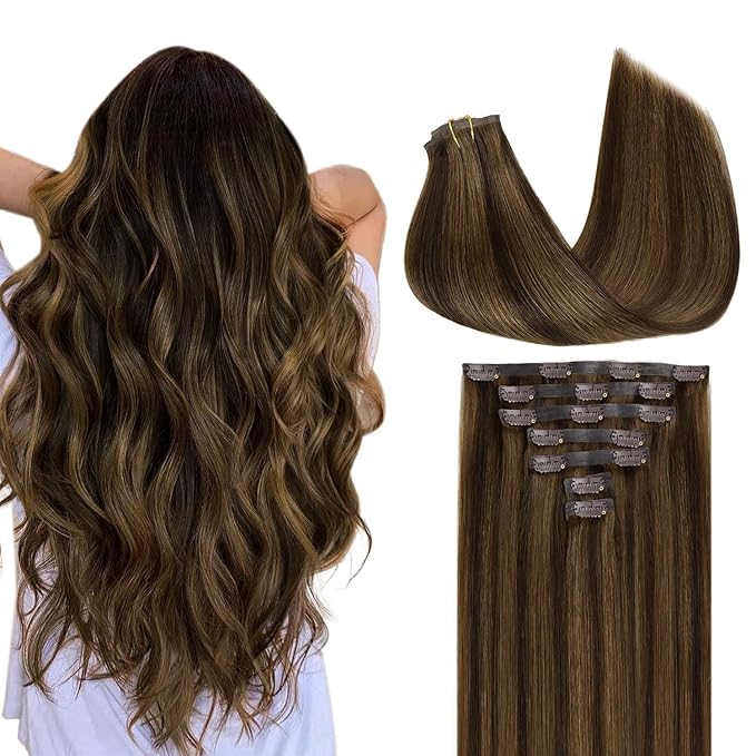 GOO GOO Clip in Hair Extensions Real Human Hair, Remy Human Hair Extensions Clip ins for Women, Natural Human Hair, 20 Inch 130g 7Pcs, 2C/4E/6C Brown Sugar Swirl Highlights