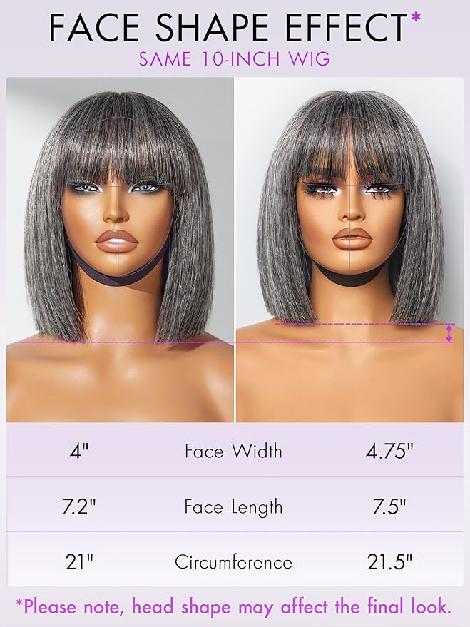 LUVME HAIR All-Day Comfort Wig 10 Inch Grey Salt & Pepper Silky Straight Bob Wig with Bangs Human Hair Glueless HD Lace Bob Wig with Mix Grey Color, Ready to Go Short Wigs For Women (Breathable Cap)
