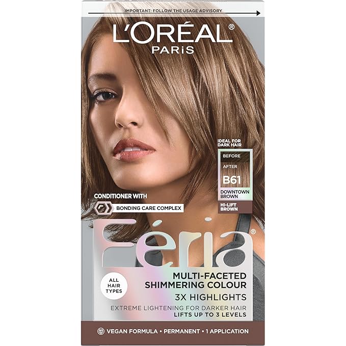 L'Oreal Paris Feria Multi-Faceted Shimmering Permanent Hair Color, B61 Downtown Brown (Hi-Lift Cool Brown), Pack of 1 Hair Dye Kit
