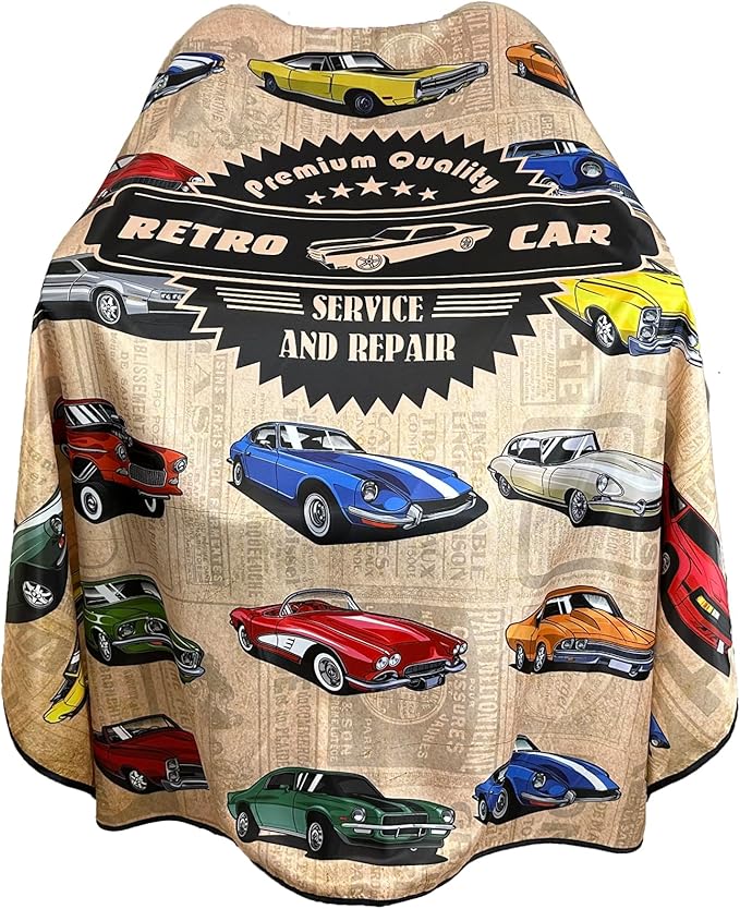 Barber Cape for Men Professional Hair Cutting Salon Cape with Snaps Waterproof Hairdressing Styling Cape Gown Apron- 63”× 56”(Vintage Cars)