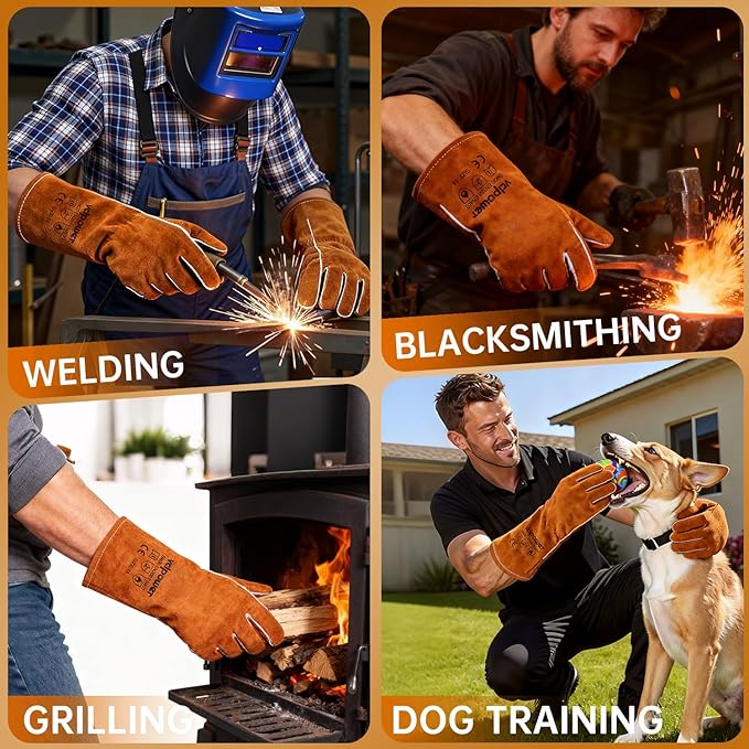 Welding Gloves Fire Heat Resistant 14IN Fireproof Leather for Welding Fire Pit Wood Stove Campfire Furnace BBQ Baking,Grill Oven Stick Mig Tig Gear Gift for Man L