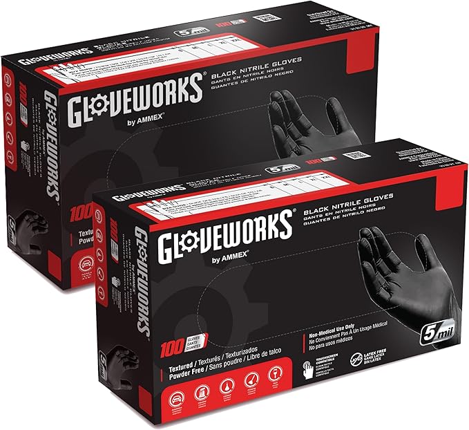 GLOVEWORKS Black Disposable Nitrile Industrial Gloves 5 Mil, Latex/Powder-Free, Food-Safe, Textured