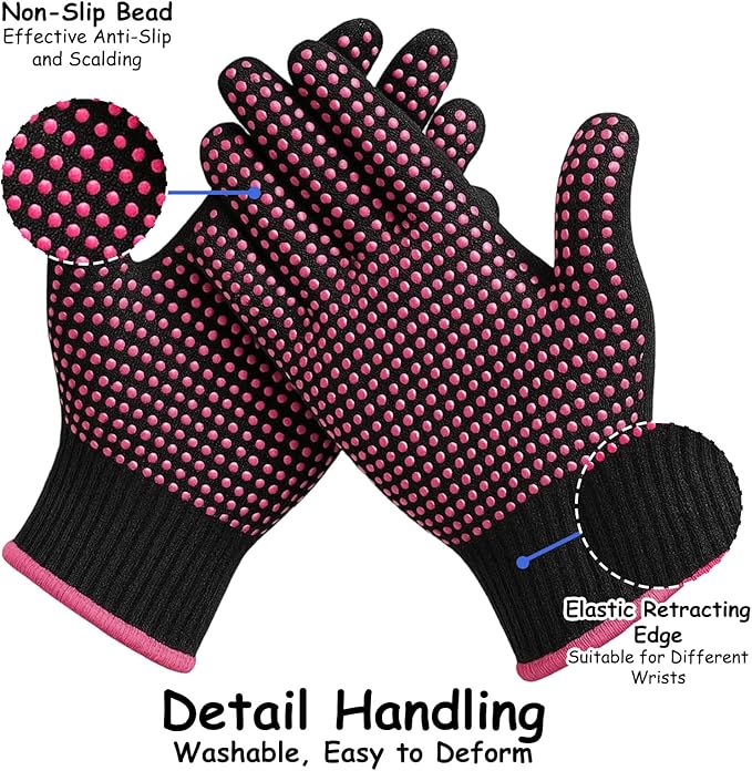 Heat Resistant Gloves for Hair Styling, 2 Pairs Black and Rose Pink, Curling Iron Gloves, Heat Protective Gloves for Hair Stylists, Salon Professionals, Home Use ﻿