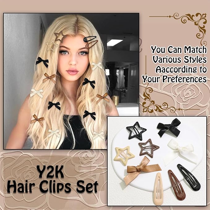 36Pcs Brown Mini Bow Hair Clips Y2K Star Metal Snap Hair Barrettes Small Hair Bows Water Drop No Slip Hair Clips for Women Cute Bowknot Star Hair Pins Accessories for Girls