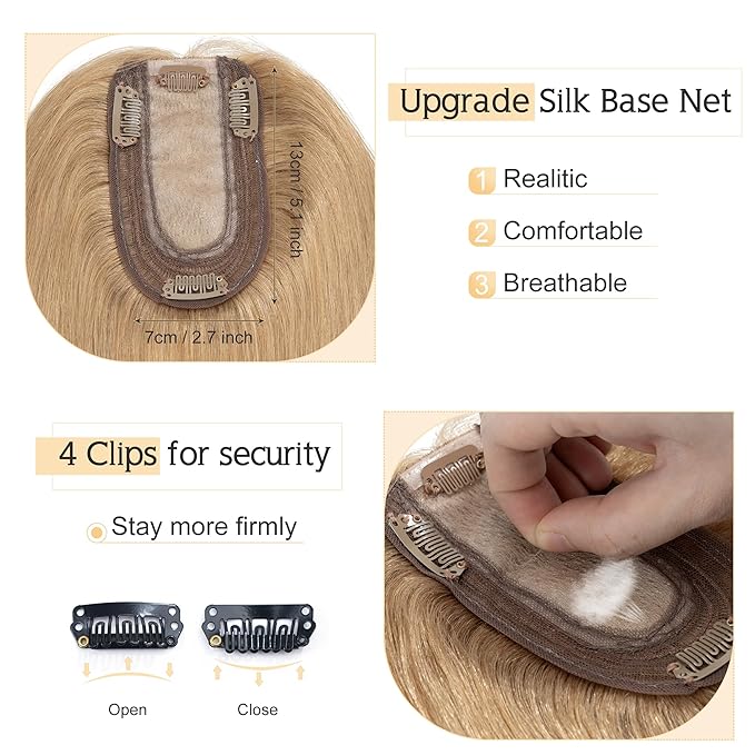 SEGO Human Hair Toppers for Women With Thinning Hair, 7 * 13CM Silk Base 100% Real Human Hair Clip in Top Wiglet Hairpieces //6 Inch No Bangs Dark Blonde