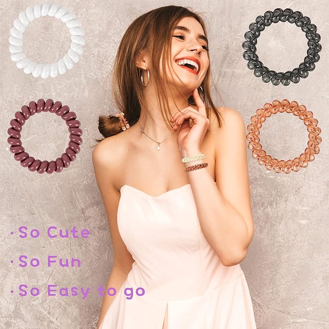 79STYLE Spiral Hair Ties 24pcs No Crease Clear Brown Coil Hair Ties Spiral Ponytail Holders Coils Scrunchies Plastic Phone Cord Hair Bands for Women Girls (Neutral Colors-Large Size)