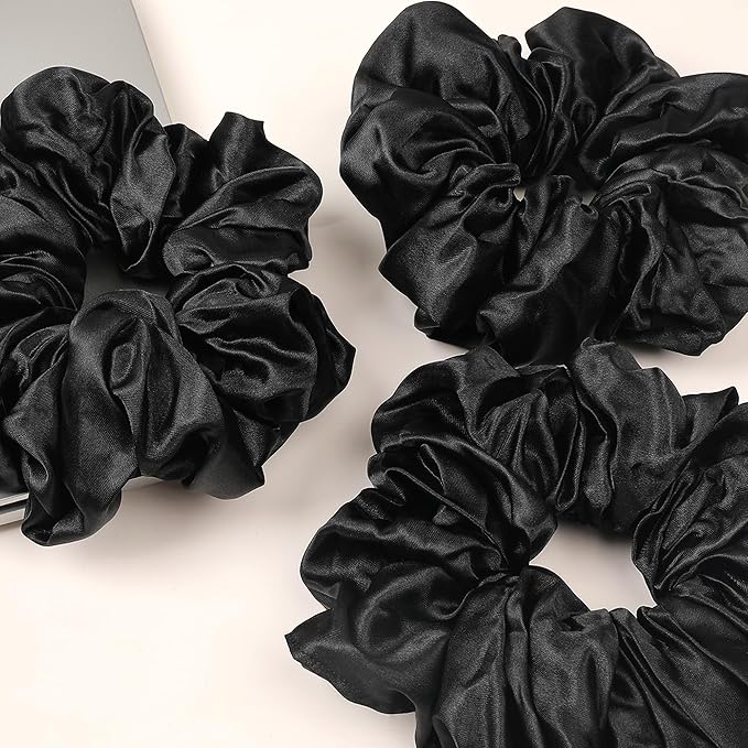 Black Scrunchies Hair Ties for Women - Big Satin Scrunchie Exra Large Jumbo Gaint Oversized Cute Scrunchy for Curl Thick Hair Ligas Para el Cabello De Mujer Decorations Hair Accessories