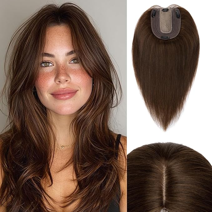 Rich Choices Hair Toppers for Women Real Human Hair 100% Human Remy Toppers NO Bangs for Women with Thinning on Top Clip in Hairpiece 4"x4.7"Lace Base 8 Inch #4 Medium Brown